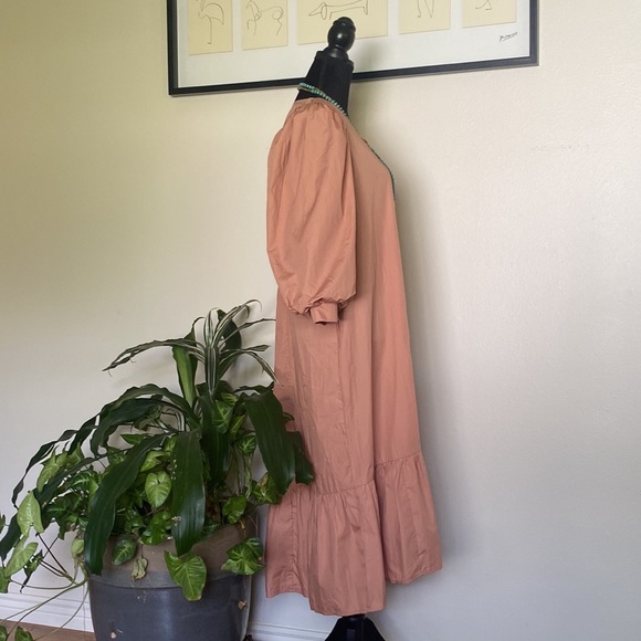 A New Day Long Puff Sleeve V-Neck Midi Dress Ruffle Hem Pockets - Picture 8 of 12